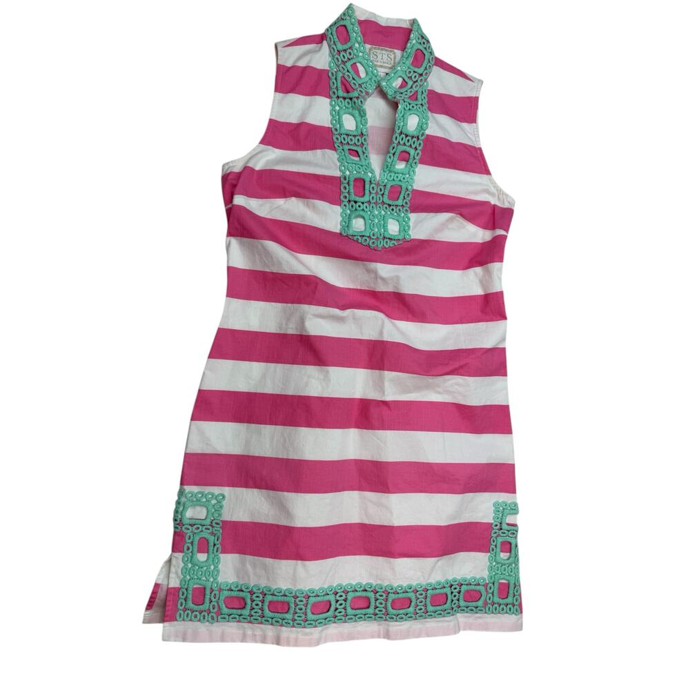 Sail to Sable Women's Embroidered Striped Shift Dress Pink‎ White Teal Size S